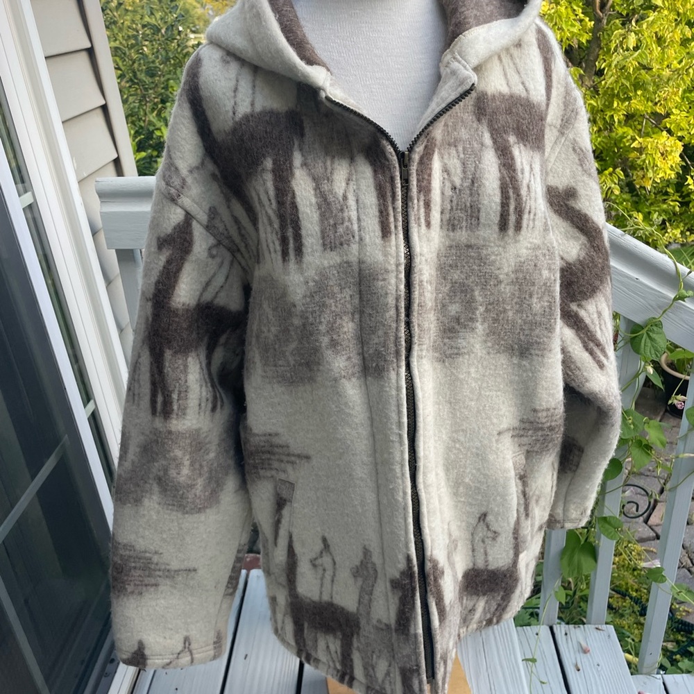 Men's Cream and Brown Hooded Wool Jacket